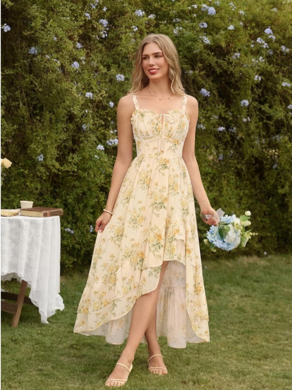 Floral Yellow High-Low Sundress with Spaghetti Straps